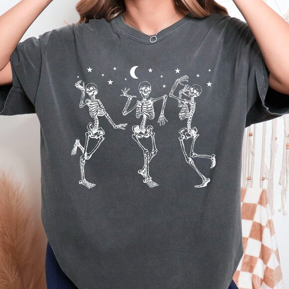 Comfort Colors Tops - Dancing Skeletons Halloween Shirt Unisex Vintage Style Handmade